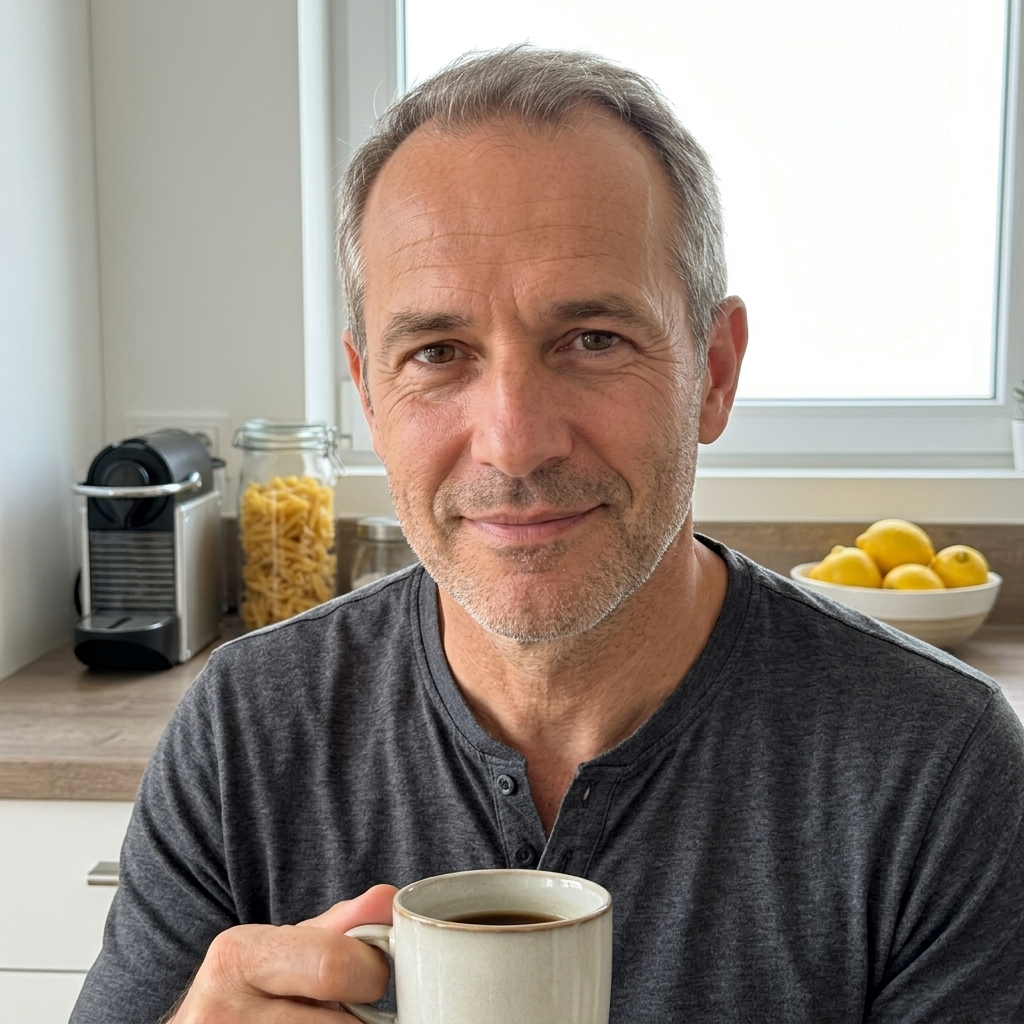 Dr. Marcus Hale at home with a coffee — his own hair thinning, the same problem he treats