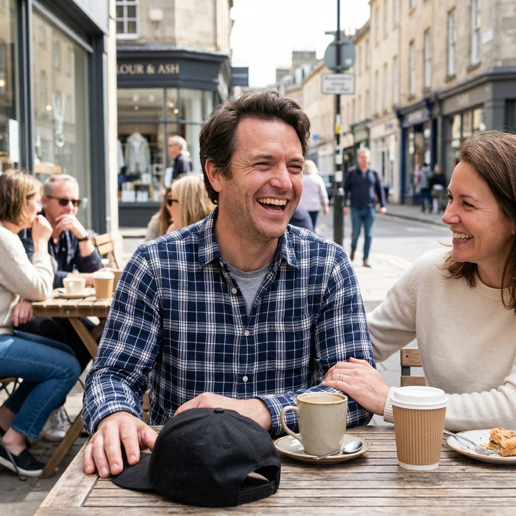 A confident man with a healthy head of hair laughing at an outdoor cafe with the woman he loves, the Hairlume hat resting on the table