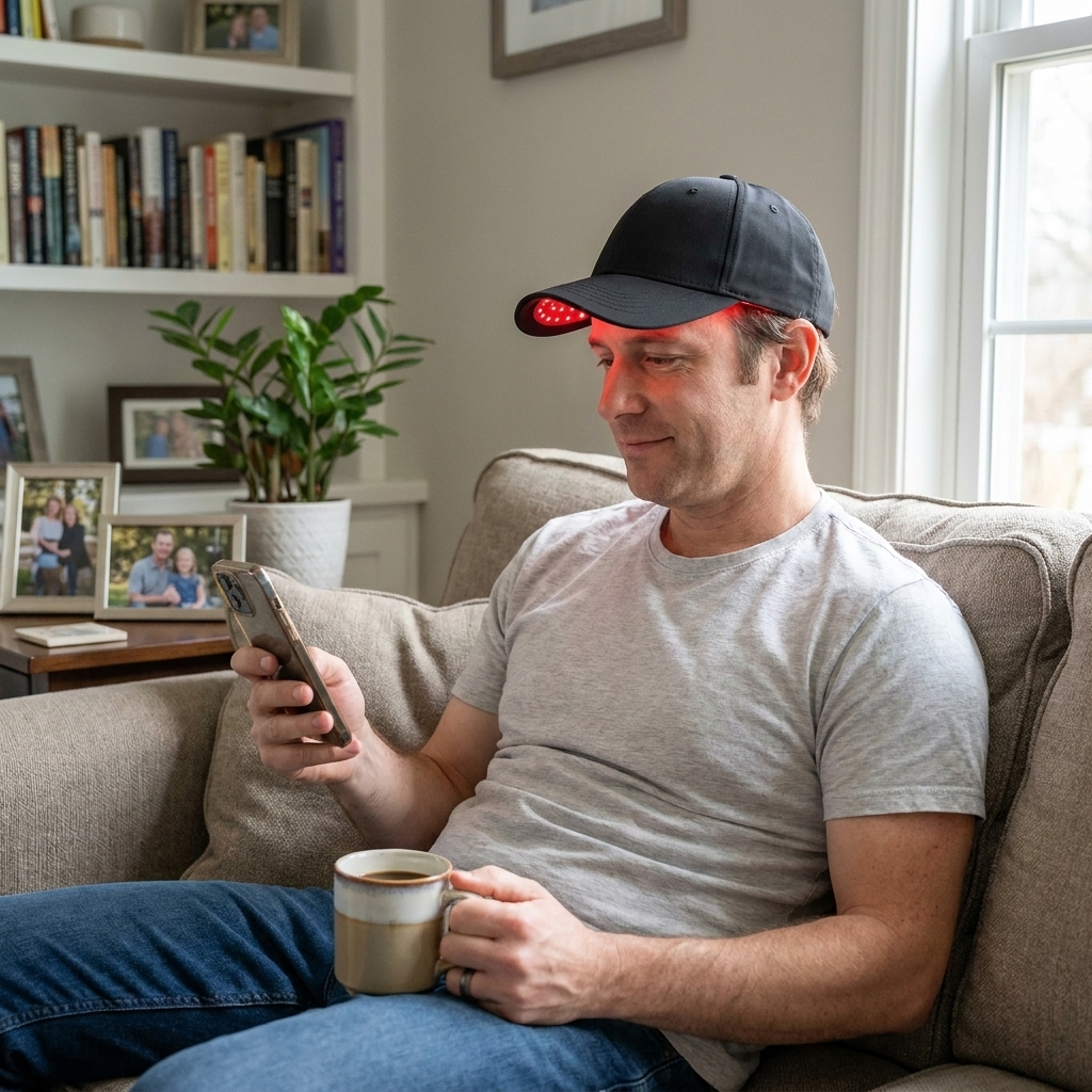 A man relaxed at home wearing the Hairlume hat