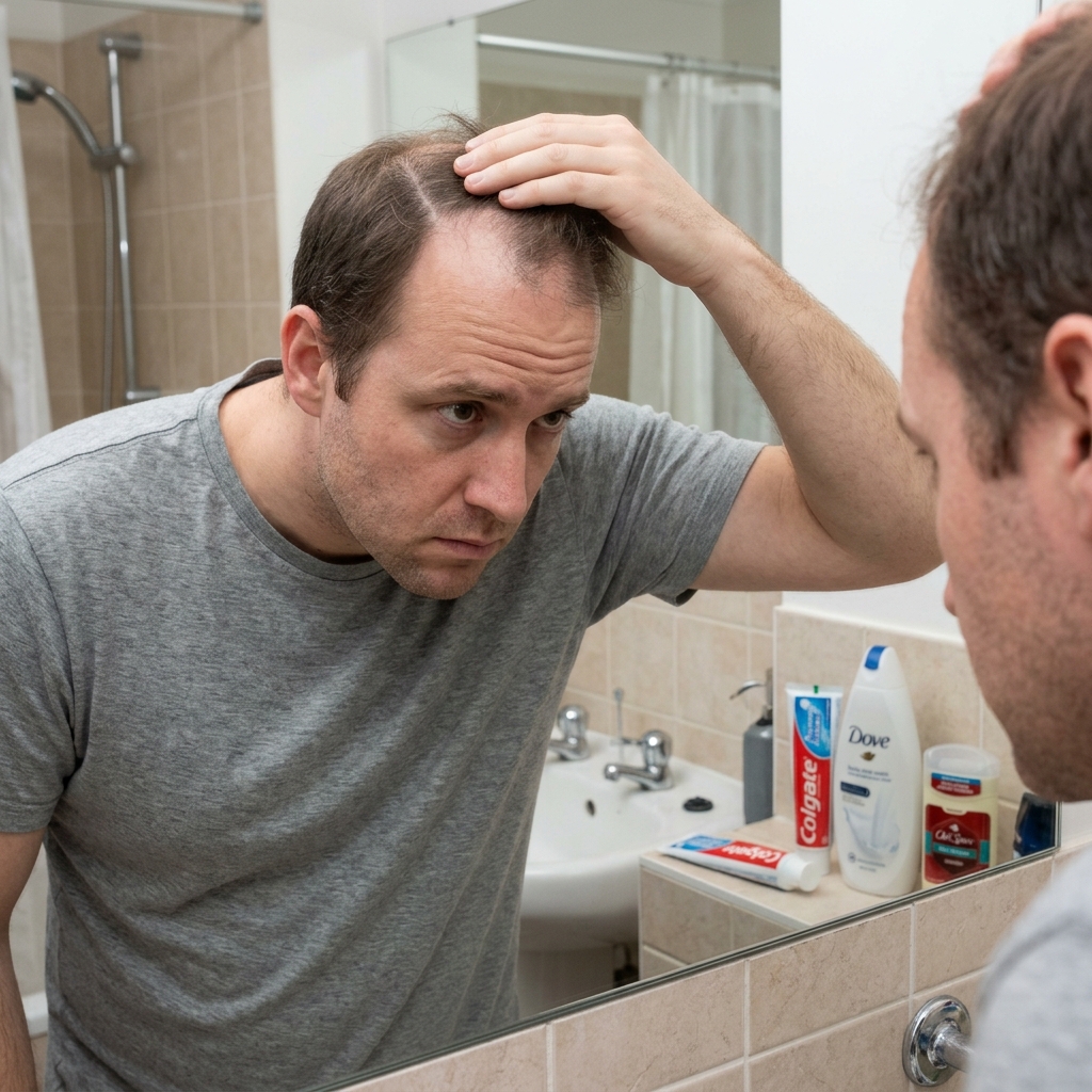 A man at the bathroom mirror examining his thinning hair