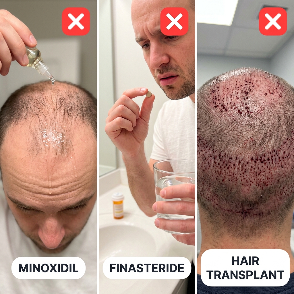 The big three hair-loss treatments, each crossed out with a red X — minoxidil the daily greasy liquid, finasteride the daily pill, and the hair transplant surgery