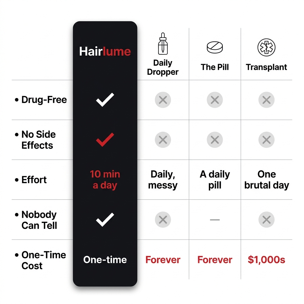 Hairlume vs. the daily dropper, the pill, and a transplant — a comparison chart showing Hairlume is drug-free, has no side effects, takes 10 minutes a day, nobody can tell, and is a one-time cost
